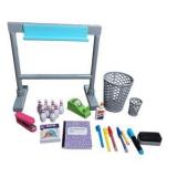 Doll School Classroom Accessories Lot - Desk, Trash Cans, Notebooks, Pens, Bowling Pins & Supplies