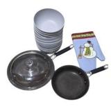 Kitchen Lot - Calphalon Pans, Glass Lid, 9 Gray Bowls & Snowman Oven Mitt