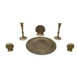 Brass Tone Seashell Decor Set - Candle Holders, Tray & Shell Pieces