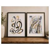 Pair of Framed Abstract Wall Art Prints with Gold & Black Accents