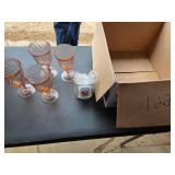 4 Pink Depression Glass Wine Glasses & Mickey Mouse Glass