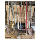 Farm & Garden Tool Lot w/ Utility Barrel – Shovels, Rakes, Pitchfork, Broom, Snow Shovel & Sledgehammer