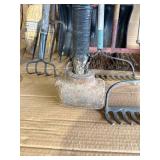 Farm & Garden Tool Lot w/ Utility Barrel – Shovels, Rakes, Pitchfork, Broom, Snow Shovel & Sledgehammer