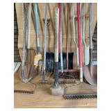Farm & Garden Tool Lot w/ Utility Barrel – Shovels, Rakes, Pitchfork, Broom, Snow Shovel & Sledgehammer