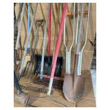 Farm & Garden Tool Lot w/ Utility Barrel – Shovels, Rakes, Pitchfork, Broom, Snow Shovel & Sledgehammer