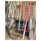 Farm & Garden Tool Lot w/ Utility Barrel – Shovels, Rakes, Pitchfork, Broom, Snow Shovel & Sledgehammer