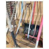 Farm & Garden Tool Lot w/ Utility Barrel – Shovels, Rakes, Pitchfork, Broom, Snow Shovel & Sledgehammer