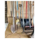 Farm & Garden Tool Lot w/ Utility Barrel – Shovels, Rakes, Pitchfork, Broom, Snow Shovel & Sledgehammer