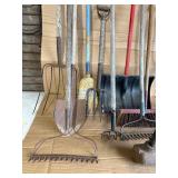 Farm & Garden Tool Lot w/ Utility Barrel – Shovels, Rakes, Pitchfork, Broom, Snow Shovel & Sledgehammer