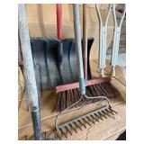 Farm & Garden Tool Lot w/ Utility Barrel – Shovels, Rakes, Pitchfork, Broom, Snow Shovel & Sledgehammer