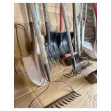 Farm & Garden Tool Lot w/ Utility Barrel – Shovels, Rakes, Pitchfork, Broom, Snow Shovel & Sledgehammer