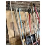 Farm & Garden Tool Lot w/ Utility Barrel – Shovels, Rakes, Pitchfork, Broom, Snow Shovel & Sledgehammer