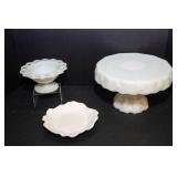 3 Pieces of Vintage Milk Glass – Cake Plate, Candy Dish & Small Dish