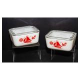 Vintage McKee Red Sailboat Refrigerator Dishes – Set of 2 (Milk Glass with Clear Lids)