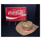 Coca-Cola Metal Sign & Straw Coke Hat – 2 Piece Lot