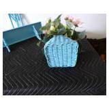 Set of 3 - Country Blue Shelf, Hanging Candle Holder & Basket with Artificial Flowers