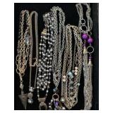 Long chain necklaces with blue, gray, purple accents