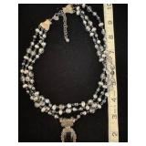 Long chain necklaces with blue, gray, purple accents
