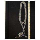 Long chain necklaces with blue, gray, purple accents