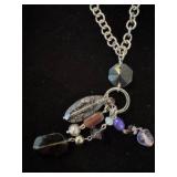 Long chain necklaces with blue, gray, purple accents