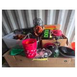 Halloween decoration lot including signs, buckets, hats, and pumpkin decor