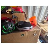 Halloween decoration lot including signs, buckets, hats, and pumpkin decor