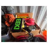 Halloween decoration lot including signs, buckets, hats, and pumpkin decor