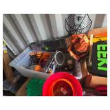 Halloween decoration lot including signs, buckets, hats, and pumpkin decor