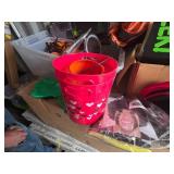 Halloween decoration lot including signs, buckets, hats, and pumpkin decor