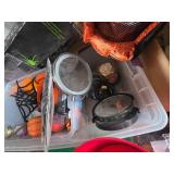 Halloween decoration lot including signs, buckets, hats, and pumpkin decor