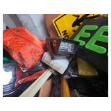 Halloween decoration lot including signs, buckets, hats, and pumpkin decor