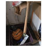 Wilson Basketball, Generic Wooden Baseball Bat, and Athletic Works Air Pump