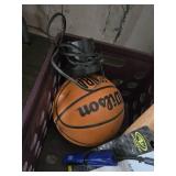 Wilson Basketball, Generic Wooden Baseball Bat, and Athletic Works Air Pump