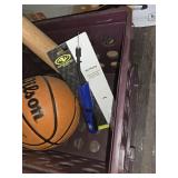Wilson Basketball, Generic Wooden Baseball Bat, and Athletic Works Air Pump