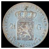 1845 Netherlands Silver 2 1/2 Gulden, Scarcer Variety, Original Surfaces, VF