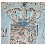 1845 Netherlands Silver 2 1/2 Gulden, Scarcer Variety, Original Surfaces, VF
