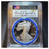 2022-W Damstra Hand Signed PCGS PR70 DCAM Silver Eagle, Blue Ring, 1 of 450