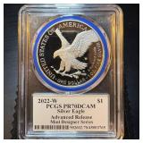 2022-W Damstra Hand Signed PCGS PR70 DCAM Silver Eagle, Blue Ring, 1 of 450