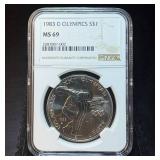 1983-D NGC MS 69 Olympics (Discus) Silver Dollar, 1st Year, Mint Fresh