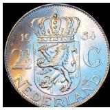 Uncirculated 1964 Netherlands Silver 2 1/2 Gulden, Frosty w/Full Luster, Spectacular Coin