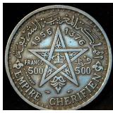 1956 Morocco Silver 500 Francs .90 Fine, Original Surfaces