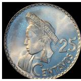 AU+/UNC 1964 Guatemala Silver 25 Centavos, Brilliant Original Luster, Lowest Mintage