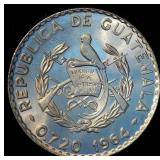 AU+/UNC 1964 Guatemala Silver 25 Centavos, Brilliant Original Luster, Lowest Mintage