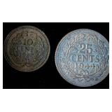 Netherlands Silver 1928 Dime & 1944 Quarter, Original Surfaces, XF+/AU