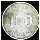 1959 Japan Silver 100 Yen, Showa 34, Original Surfaces, Lightly Circulated