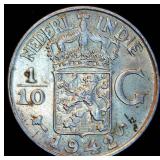 XF+ 1942-S Silver Netherlands East Indies 1/10 Gulden, Near Full Luster