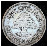 1952 Lebanon Silver 50 Qirshā / Piastres, Original Surfaces