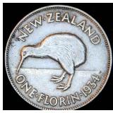 New Zealand Silver 1934 One Florin, Original Surfaces