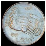 XF+ 1961-R Italy Silver 500 Lire, Unification Centennial Commemorative, Original Surfaces