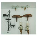 home decor, glass, metal, wood shelves, wall sconce candle holders